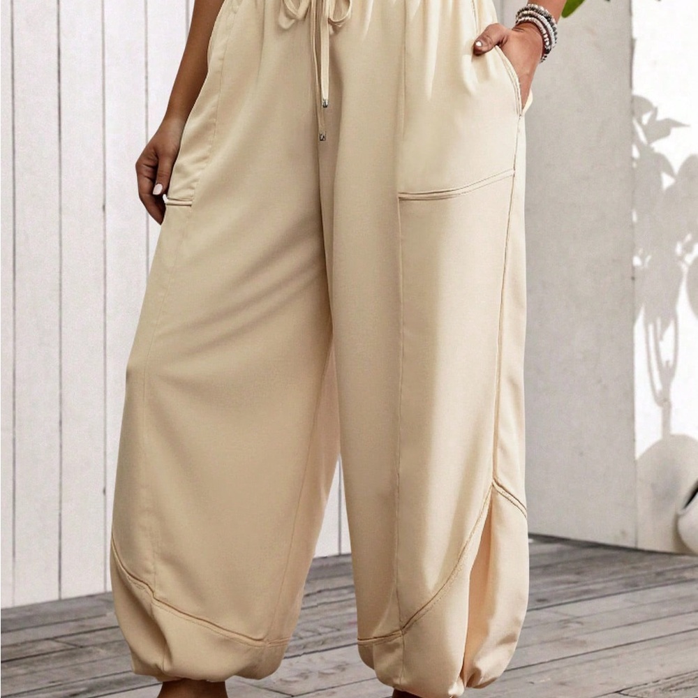 Women's Cream Drawstring Pants 1X Plus